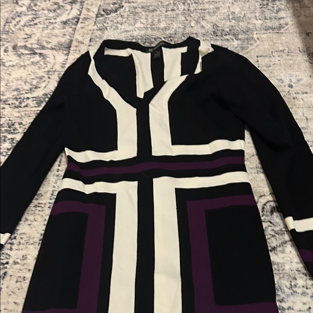 INC International Concepts Black and Cream Long Sleeve Dress with Purple Accents